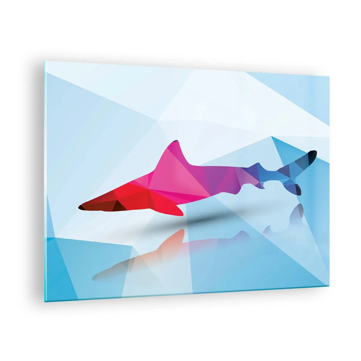Quadro su vetro - Squalo geometrico nei toni del rosso e del blu - 70x50cm - Squalo nello spazio di cristallo - Decorazione murale moderna per soggiorno e camera da letto ARTTOR