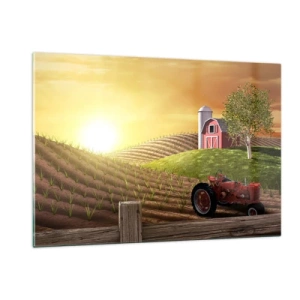 Quadro su vetro - Tramonto su una fattoria con un campo e un trattore - 120x80cm - La fattoria delle favole - Decorazione murale moderna per soggiorno e camera da letto ARTTOR