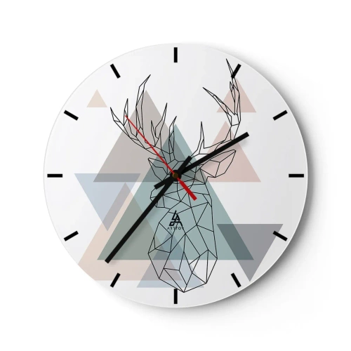 Orologio da parete - Orologio in Vetro - Immagine geometrica di un cervo su uno sfondo di triangoli - 30x30cm - Nel bosco geometrico - Decorazione murale moderna per soggiorno, cucina e camera da letto ARTTOR