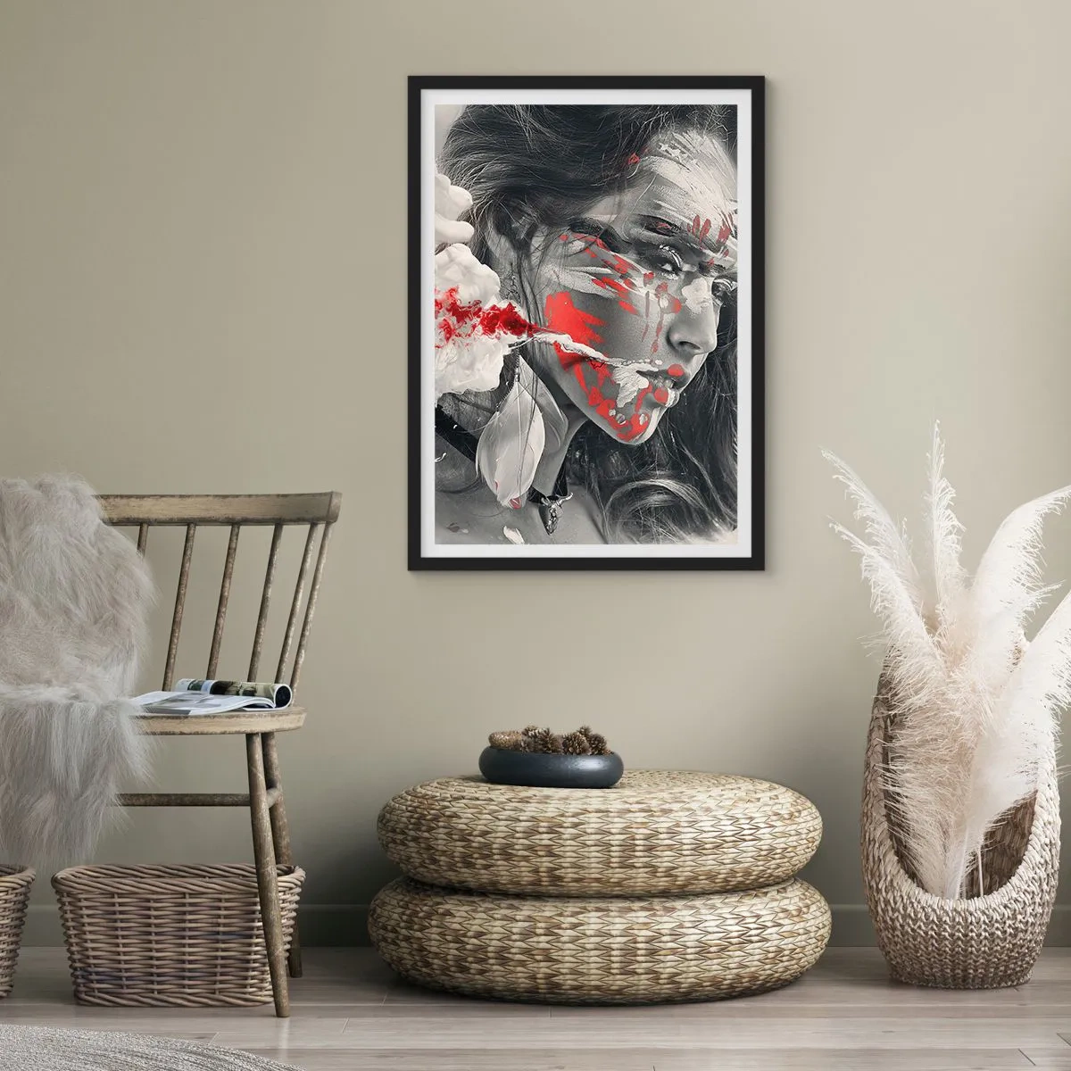 Poster in cornice nera - Ritratto artistico con accento rosso - 50x70cm - Nei vapori dell'assurdo - Decorazione murale moderna per soggiorno e camera da letto ARTTOR