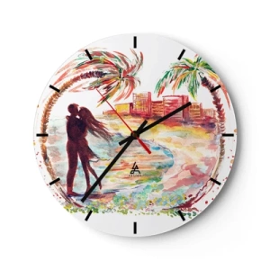 Orologio da parete - Orologio in Vetro - Coppia romantica sulla spiaggia con palme sullo sfondo - 30x30cm - Vacanze romantiche - Decorazione murale moderna per soggiorno, cucina e camera da letto ARTTOR