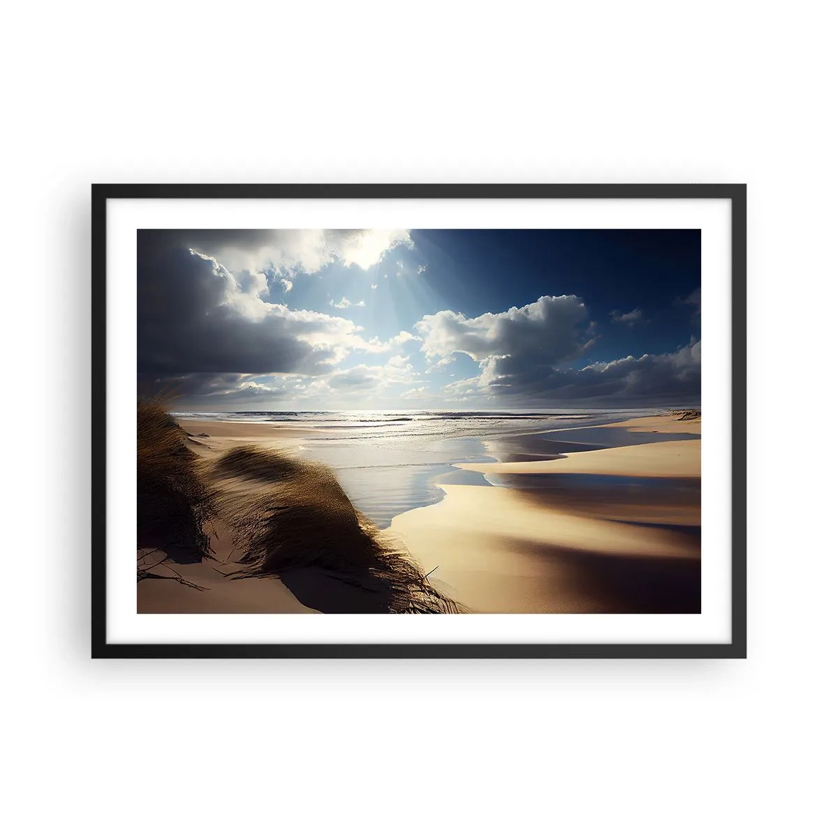 Poster in cornice nera - Una spiaggia selvaggia con dune e cieli azzurri - 70x50cm - Spiaggia incontaminata - Decorazione murale moderna per soggiorno e camera da letto ARTTOR