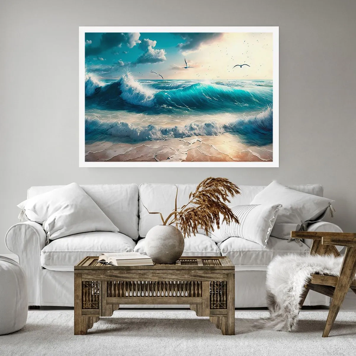 Poster - Onde del mare sulla spiaggia sotto un cielo azzurro con gabbiani - 100x70cm - Mormora solo per te - Decorazione murale moderna per soggiorno e camera da letto ARTTOR