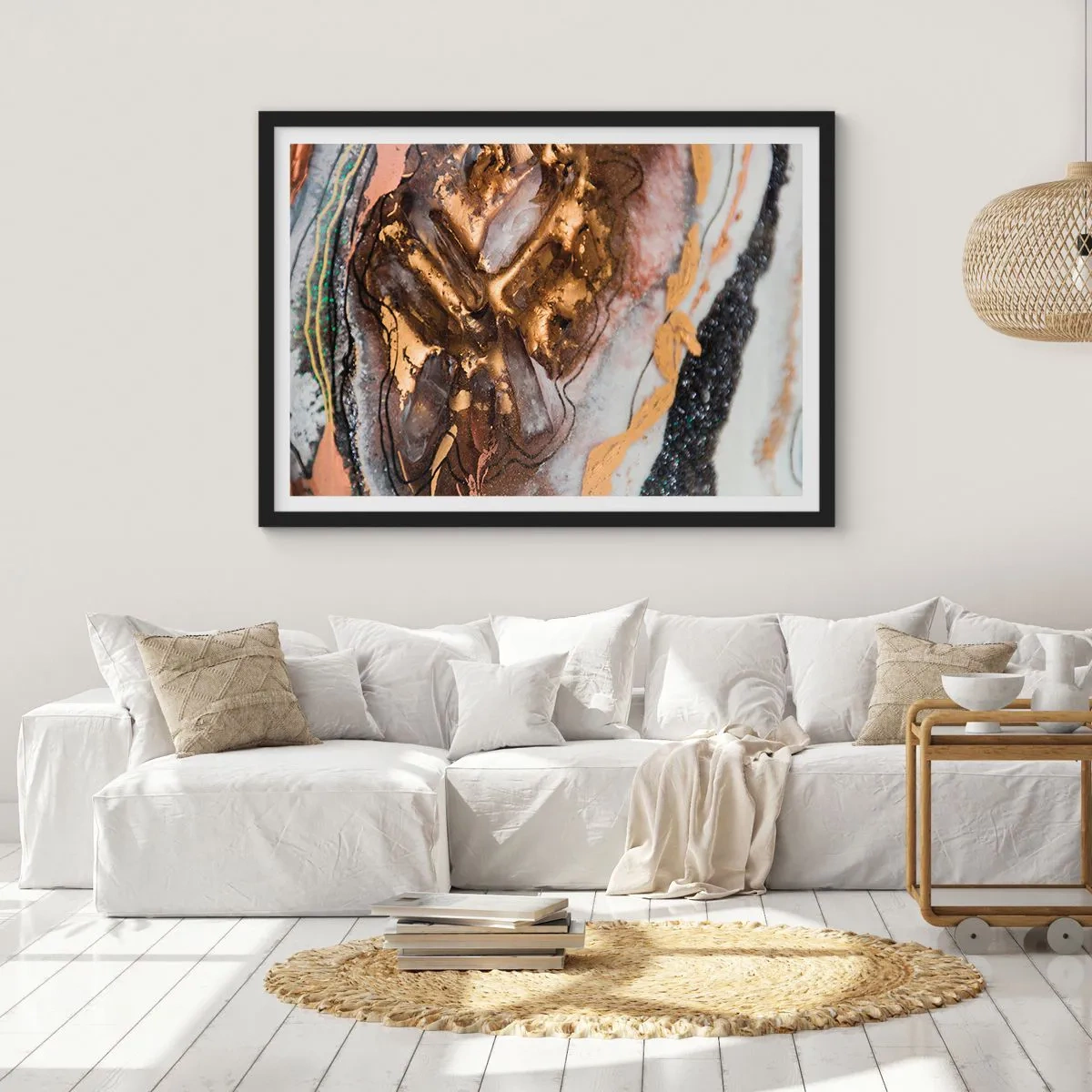 Poster in cornice nera - Composizione astratta con elementi in oro e cristalli - 70x50cm - L'elemento della terra - Decorazione murale moderna per soggiorno e camera da letto ARTTOR