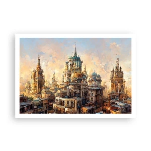 Poster - Torri architettoniche nei raggi del sole al tramonto - 100x70cm - La città delle città - Decorazione murale moderna per soggiorno e camera da letto ARTTOR