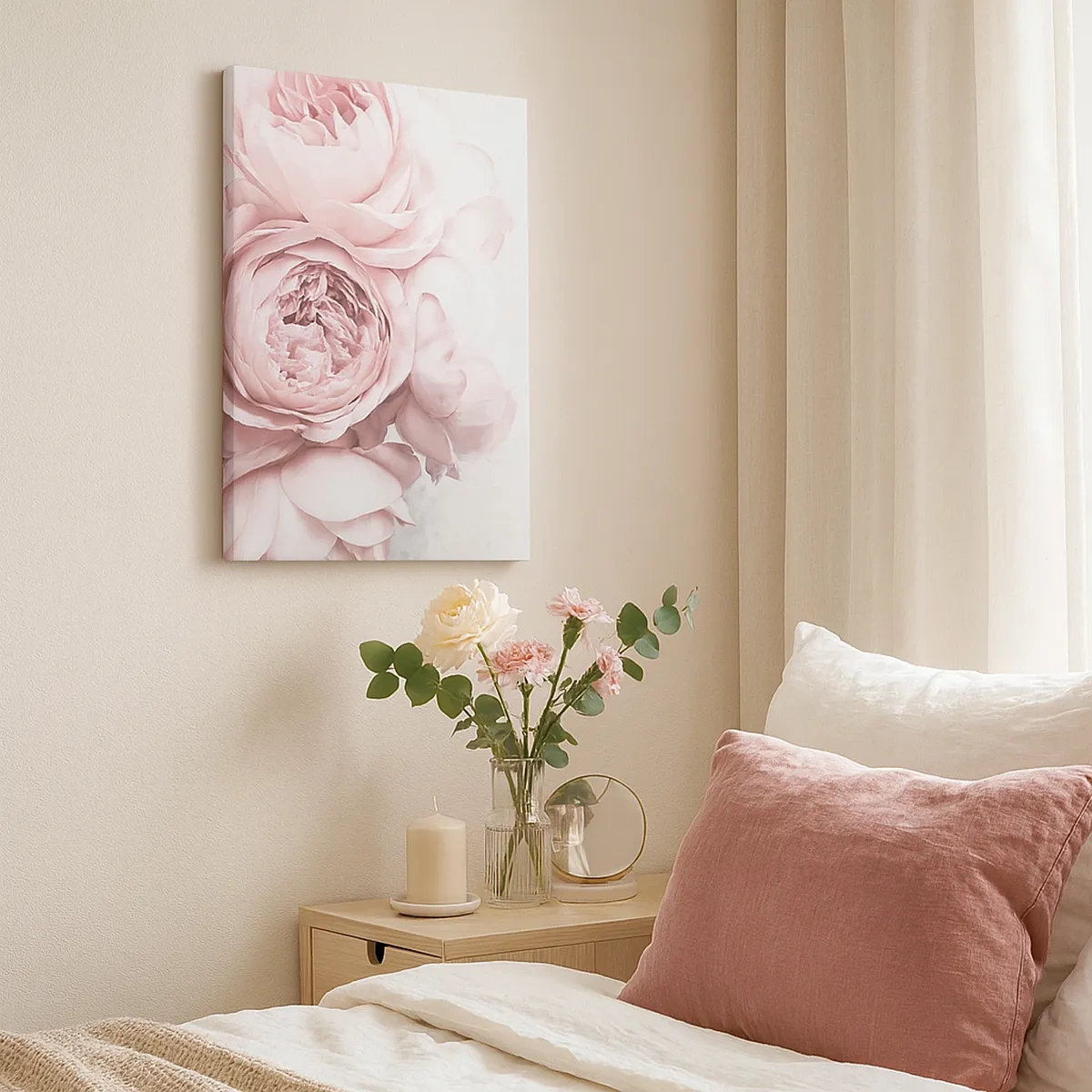 Quadro su tela - Stampe su Tela - Peonie rosa in luce soffusa su uno sfondo chiaro - 50x70cm - Per i romantici - Decorazione murale moderna per soggiorno e camera da letto ARTTOR