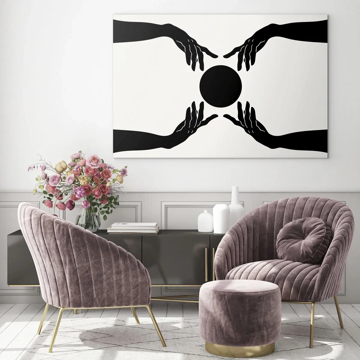 Quadro su vetro - Mani nere attorno a un cerchio nero su uno sfondo chiaro - 100x70cm - Segno misterioso - Decorazione murale moderna per soggiorno e camera da letto ARTTOR