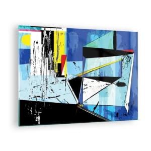 Quadro su vetro - Composizione geometrica astratta nei toni del blu - 70x50cm - Guardando il mondo da un'angolazione... - Decorazione murale moderna per soggiorno e camera da letto ARTTOR