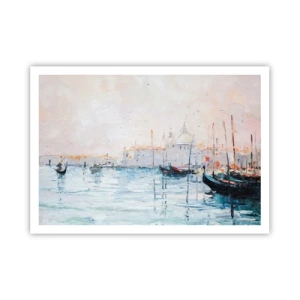 Poster - Vista pittoresca dei canali con barche color pastello - 100x70cm - Dopo l'acqua, dopo la nebbia - Decorazione murale moderna per soggiorno e camera da letto ARTTOR