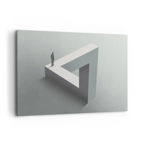 Quadro su tela - Stampe su Tela - Una figura in piedi su un triangolo di Penrose in tonalità di grigio. - 120x80cm - Eppure è possibile - Decorazione murale moderna per soggiorno e camera da letto ARTTOR