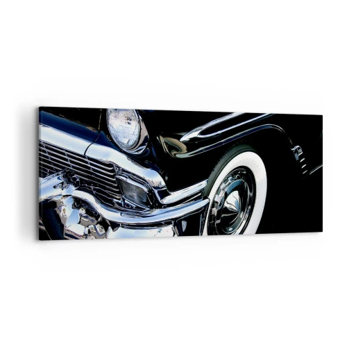 Quadro su tela - Stampe su Tela - Primo piano del faro e del parafango di un'auto classica nera - 120x50cm - Classicità in argento, nero e bianco - Decorazione murale moderna per soggiorno e camera da letto ARTTOR