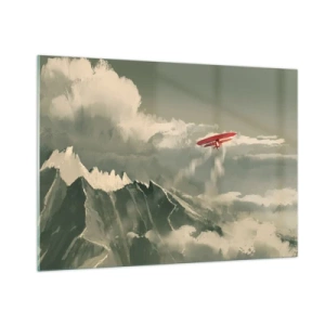 Quadro su vetro - Un aereo rosso che vola sopra le montagne innevate - 100x70cm - Pioniere senza paura - Decorazione murale moderna per soggiorno e camera da letto ARTTOR