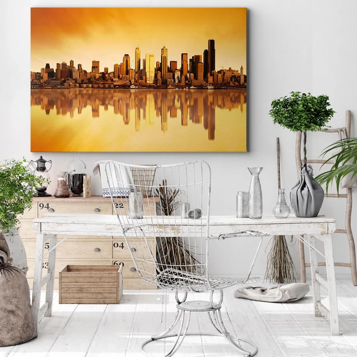 Quadro su tela - Stampe su Tela - Panorama della città riflesso nell'acqua al tramonto - 120x80cm - Silenzio della metropoli - Decorazione murale moderna per soggiorno e camera da letto ARTTOR