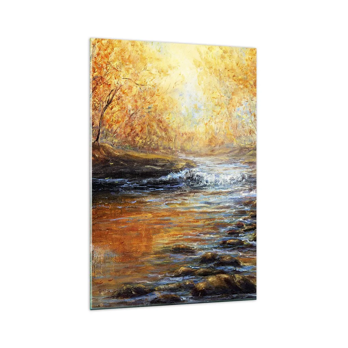 Quadro su vetro - Paesaggio autunnale con un fiume tra gli alberi - 70x100cm - Ruscello d'oro - Decorazione murale moderna per soggiorno e camera da letto ARTTOR