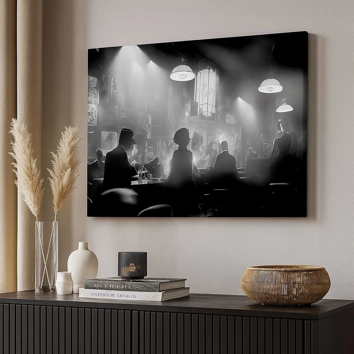 Quadro su tela - Stampe su Tela - Scena dei locali notturni jazz in bianco e nero - 70x50cm - Nell'atmosfera jazz - Decorazione murale moderna per soggiorno e camera da letto ARTTOR