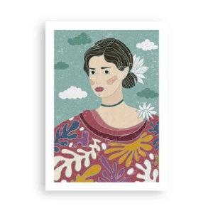 Poster - Ritratto di una donna con un abito colorato e stilizzato su uno sfondo di nuvole. - 50x70cm - Con la malinconia nello sguardo - Decorazione murale moderna per soggiorno e camera da letto ARTTOR
