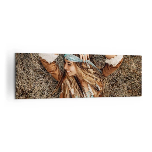 Quadro su tela - Stampe su Tela - Donna in stile boho sdraiata sul fieno - 160x50cm - Verso gli anni dell'amore - Decorazione murale moderna per soggiorno e camera da letto ARTTOR