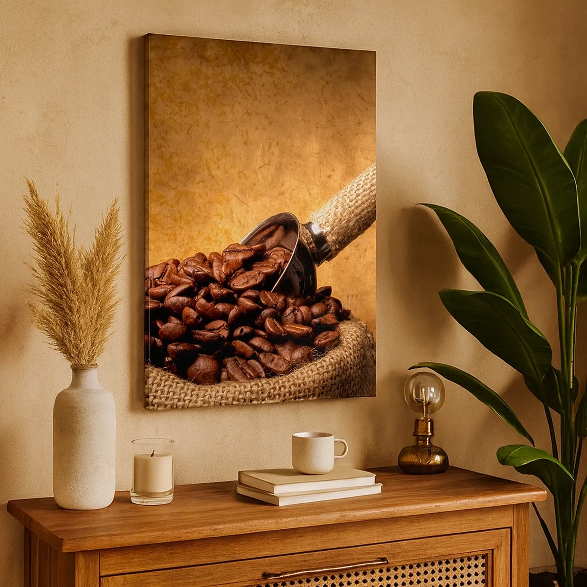 Quadro su tela - Stampe su Tela - Chicchi di caffè in un sacchetto di iuta con un cucchiaio di metallo - 50x70cm - Alla fonte del gusto - Decorazione murale moderna per soggiorno e camera da letto ARTTOR