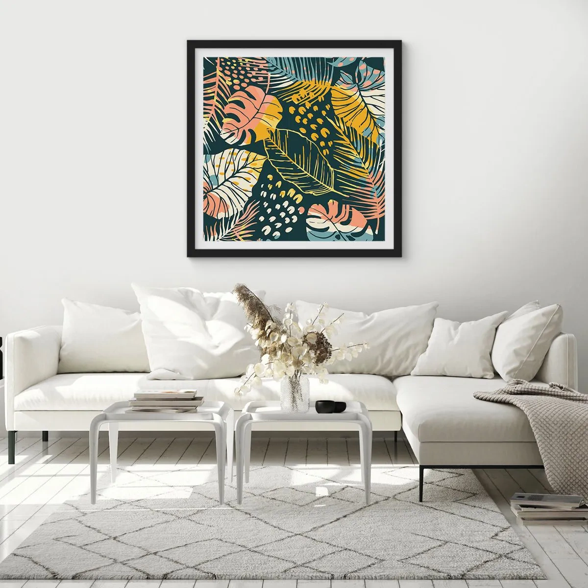 Poster in cornice nera - Fantasia di foglie - 50x50 cm