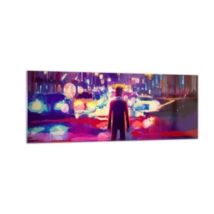 Quadro su vetro - Un uomo in una scena notturna di una città al neon - 140x50cm - Immerso nella luce - Decorazione murale moderna per soggiorno e camera da letto ARTTOR