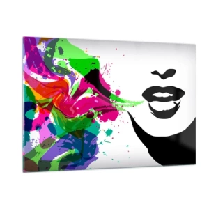 Quadro su vetro - Un'astrazione colorata con un profilo femminile e spruzzi di colore. - 120x80cm - Racconto nei colori dell'arcobaleno - Decorazione murale moderna per soggiorno e camera da letto ARTTOR