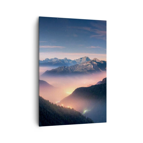 Quadro su tela - Stampe su Tela - Un paesaggio montano con una valle piena di nebbia - 70x100cm - La luce nelle valli - Decorazione murale moderna per soggiorno e camera da letto ARTTOR