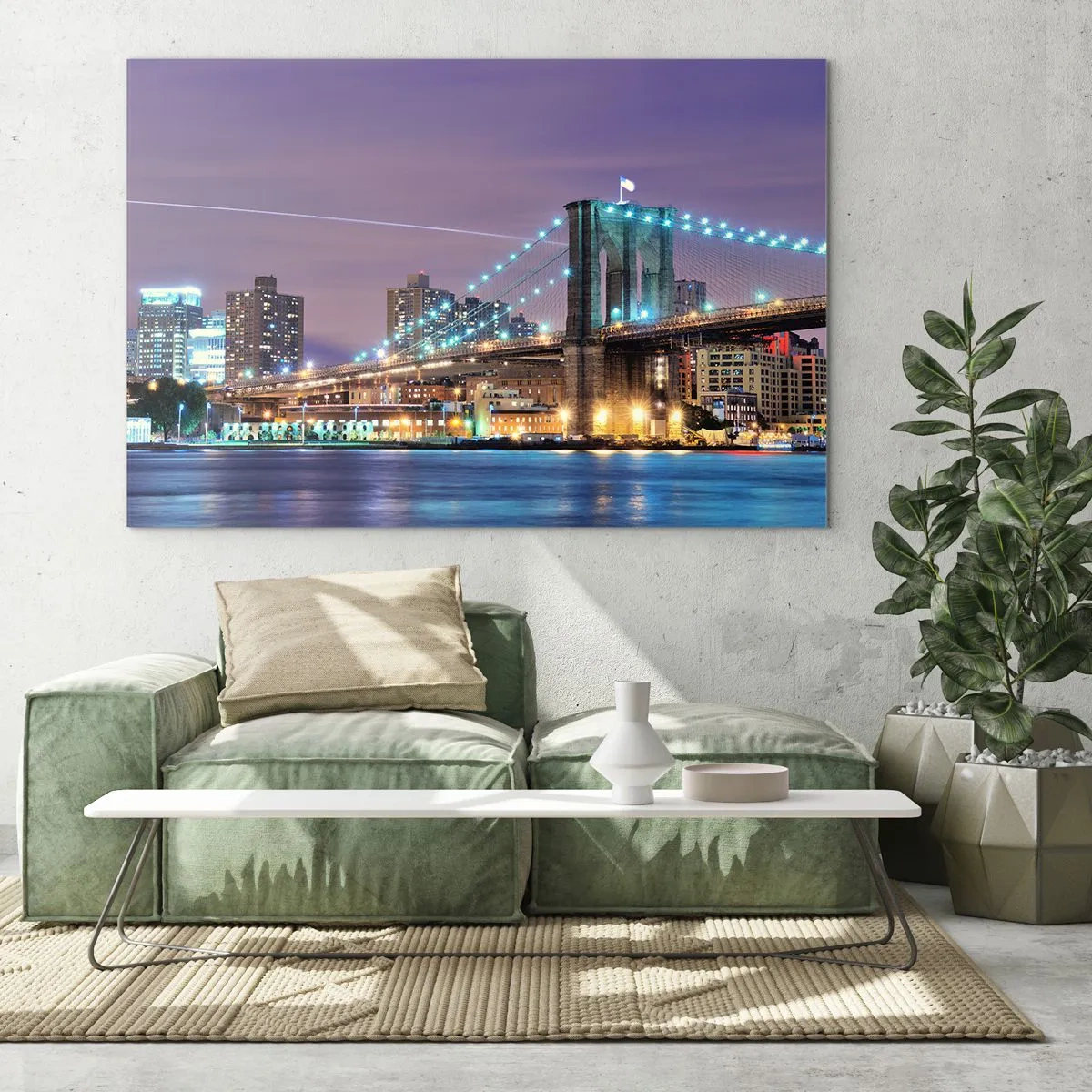 Quadro su vetro - Ponte di Brooklyn di notte con le torri e la città illuminate - 70x50cm - Da tanti anni il ponte di Brooklyn - Decorazione murale moderna per soggiorno e camera da letto ARTTOR