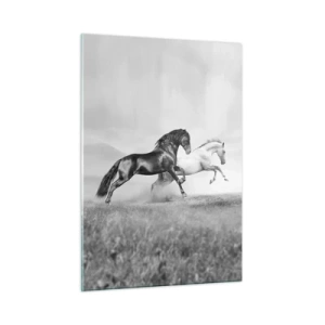 Quadro su vetro - Cavalli bianchi e neri in un ambiente dinamico - 50x70cm - Angeli e demoni - Decorazione murale moderna per soggiorno e camera da letto ARTTOR