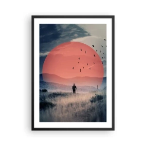 Poster in cornice nera - Un uomo che cammina attraverso un campo contro un sole rosso - 50x70cm - Nei propri elementi - Decorazione murale moderna per soggiorno e camera da letto ARTTOR