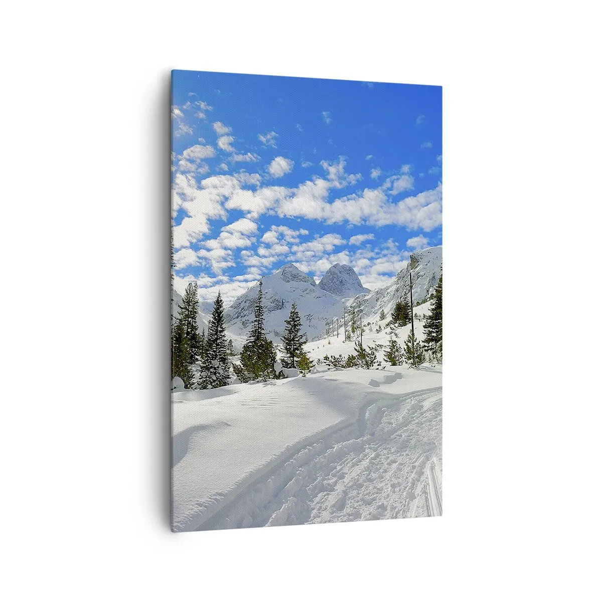 Quadro su tela - Stampe su Tela - Paesaggio montano invernale con foresta e sentiero nella neve - 80x120cm - Nella neve e nel sole - Decorazione murale moderna per soggiorno e camera da letto ARTTOR