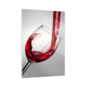 Quadro su vetro - Vino rosso versato in un bicchiere su uno sfondo chiaro - 50x70cm - Colore - movimento - suono - Decorazione murale moderna per soggiorno e camera da letto ARTTOR