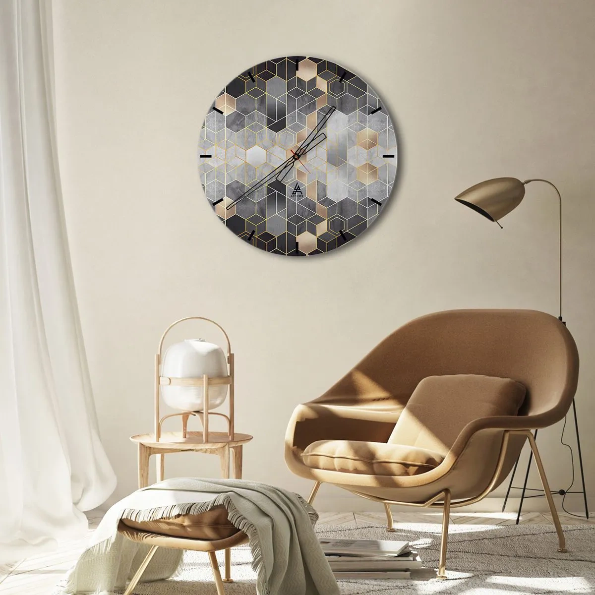 Orologio da parete - Orologio in Vetro - Mosaico geometrico nei toni del grigio e dell'oro - 30x30cm - Composizione di diamante - Decorazione murale moderna per soggiorno, cucina e camera da letto ARTTOR