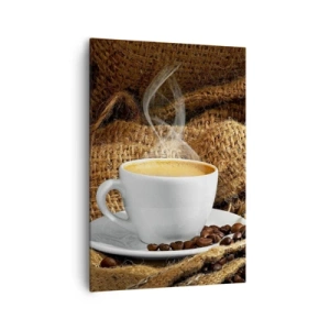 Quadro su tela - Stampe su Tela - Una tazza di caffè circondata da un sacchetto di chicchi di caffè - 70x100cm - L'odore di caffè con la schiuma del colore del miele - Decorazione murale moderna per soggiorno e camera da letto ARTTOR