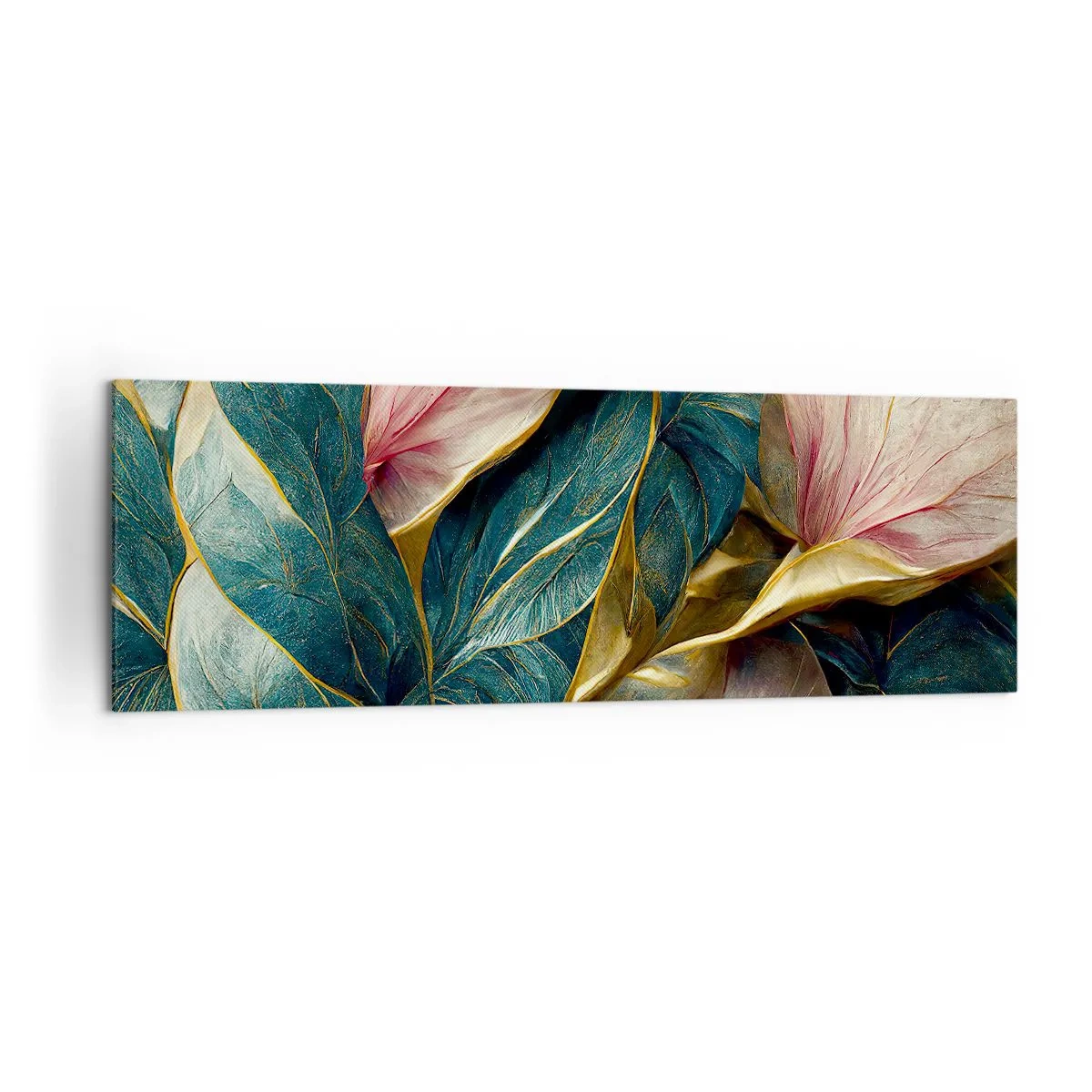 Quadro su tela - Stampe su Tela - Eleganti foglie in verde, oro e rosa - 160x50cm - Stile ed eleganza naturali - Decorazione murale moderna per soggiorno e camera da letto ARTTOR