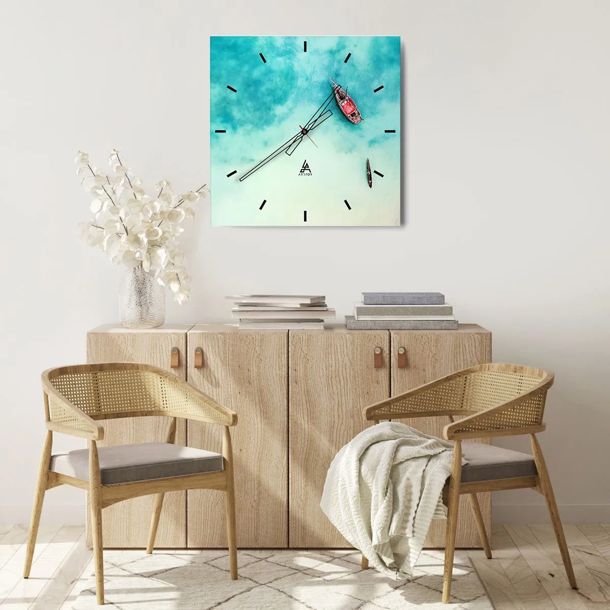 Orologio da parete - Orologio in Vetro - Barche sull'acqua turchese viste da una prospettiva a volo d'uccello - 30x30cm - Nelle spiagge di Zanzibar, quando c'è troppa acqua... - Decorazione murale moderna per soggiorno e camera da letto ARTTOR