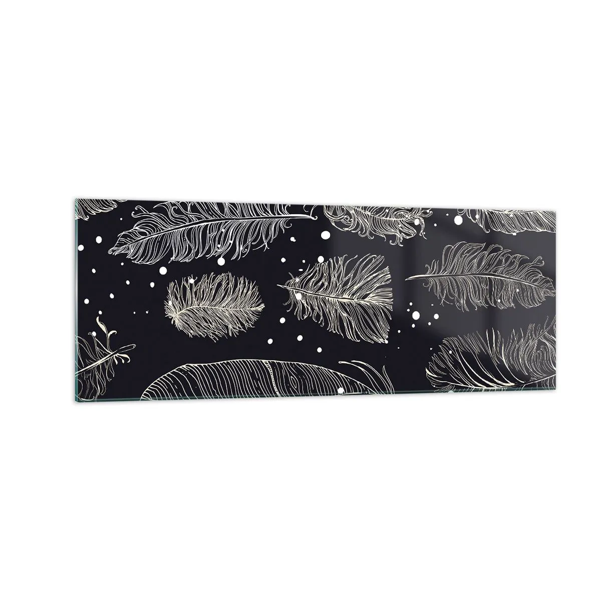 Quadro su vetro - Delicate piume bianche su sfondo blu navy - 140x50cm - Pizzo piumato - Decorazione murale moderna per soggiorno e camera da letto ARTTOR