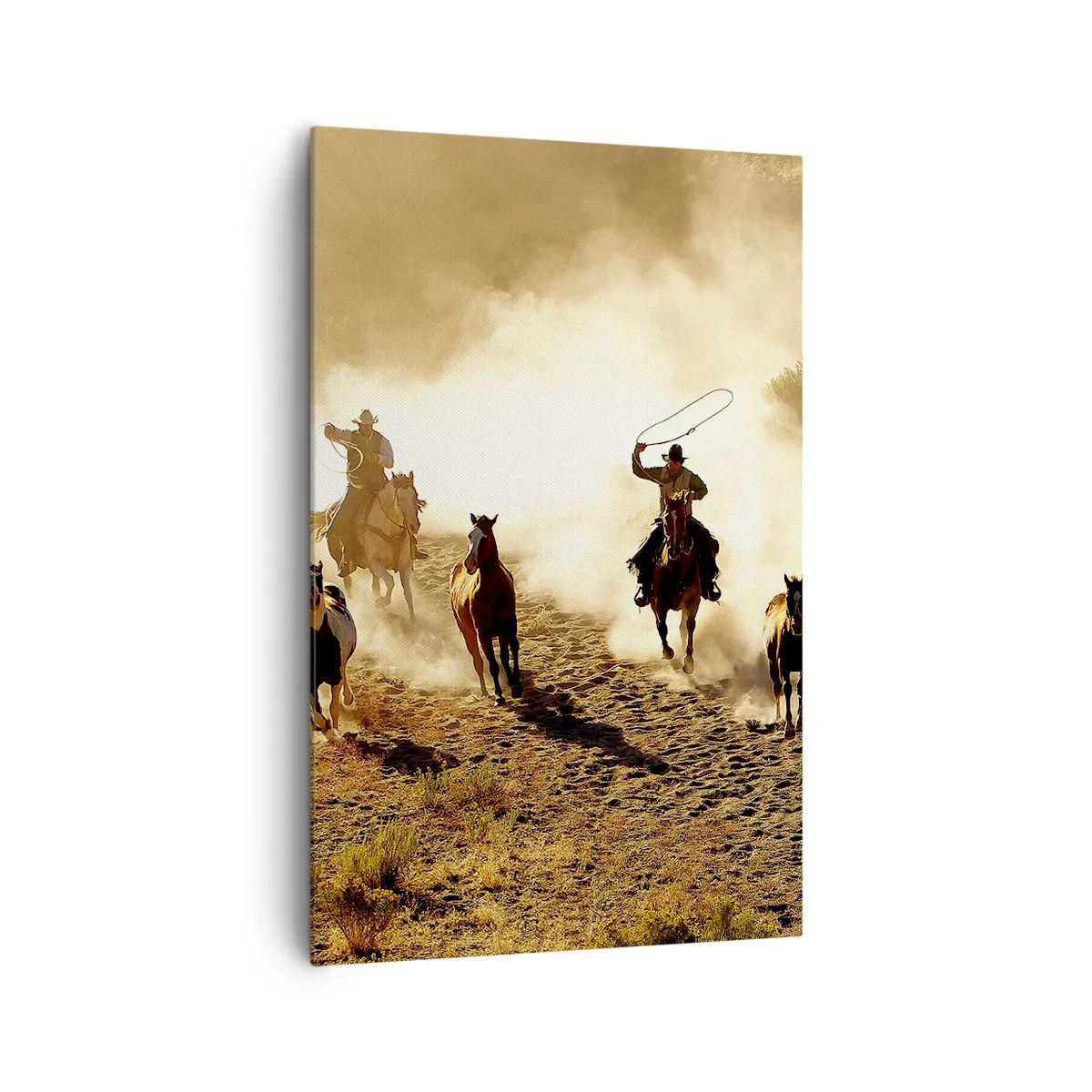 Quadro su tela - Stampe su Tela - Cowboy a cavallo in azione nel terreno desertico - 80x120cm - Il vero Far West - Decorazione murale moderna per soggiorno e camera da letto ARTTOR