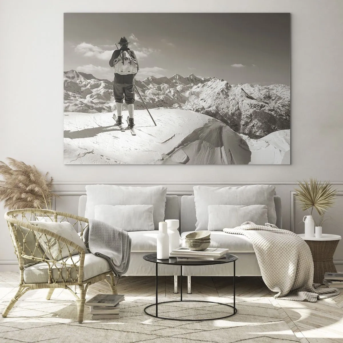 Quadro su vetro - Sciatore sulla cima di una montagna in bianco e nero - 100x70cm - E i monti sono immutabili - Decorazione murale moderna per soggiorno e camera da letto ARTTOR