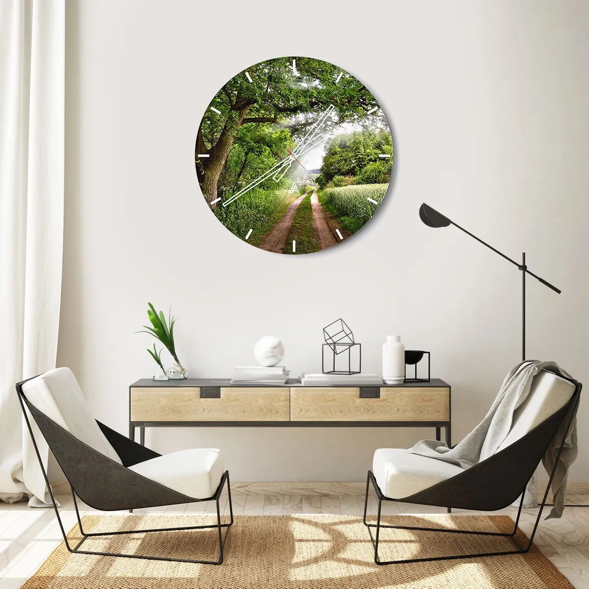 Orologio da parete - Orologio in Vetro - Una strada forestale tra alberi verdi e campi in una giornata di sole - 30x30cm - Et in Arcadia ego - Decorazione murale moderna per soggiorno, cucina e camera da letto ARTTOR