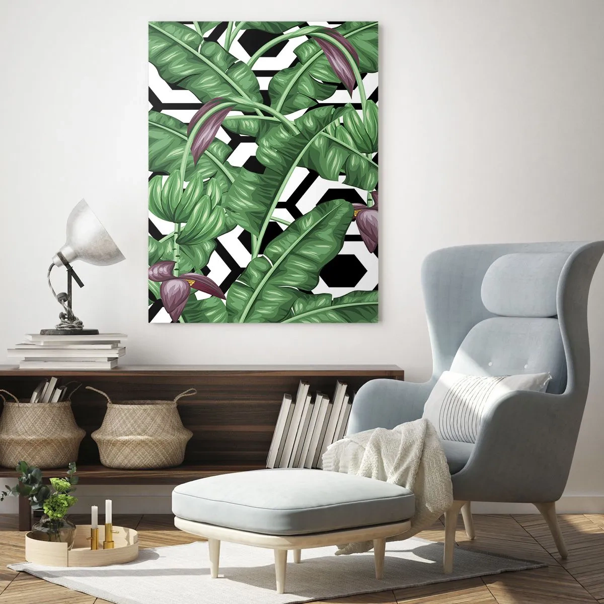 Quadro su vetro - Foglie e fiori tropicali su uno sfondo con motivo geometrico bianco e nero - 50x70cm - Composizione simmetrica con la natura - Decorazione murale moderna per soggiorno e camera da letto ARTTOR