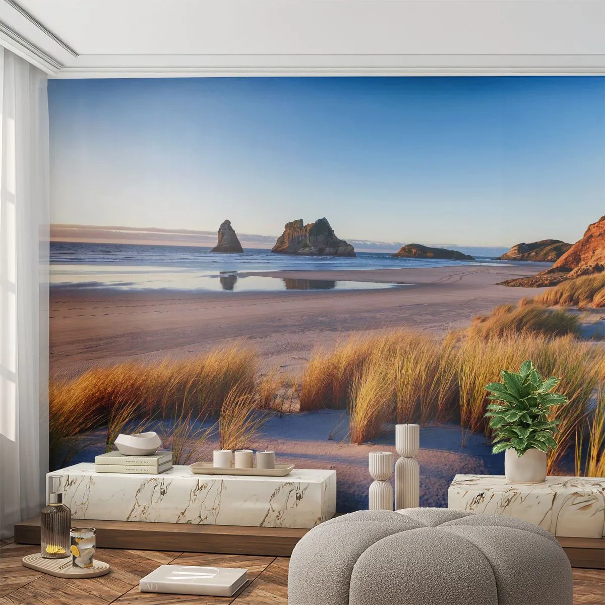 Fotomurali Premium Sand - Erba dorata e una spiaggia tranquilla al tramonto - 100x70cm - Per i cercatori di pace - Decorazione murale moderna per soggiorno e camera da letto ARTTOR