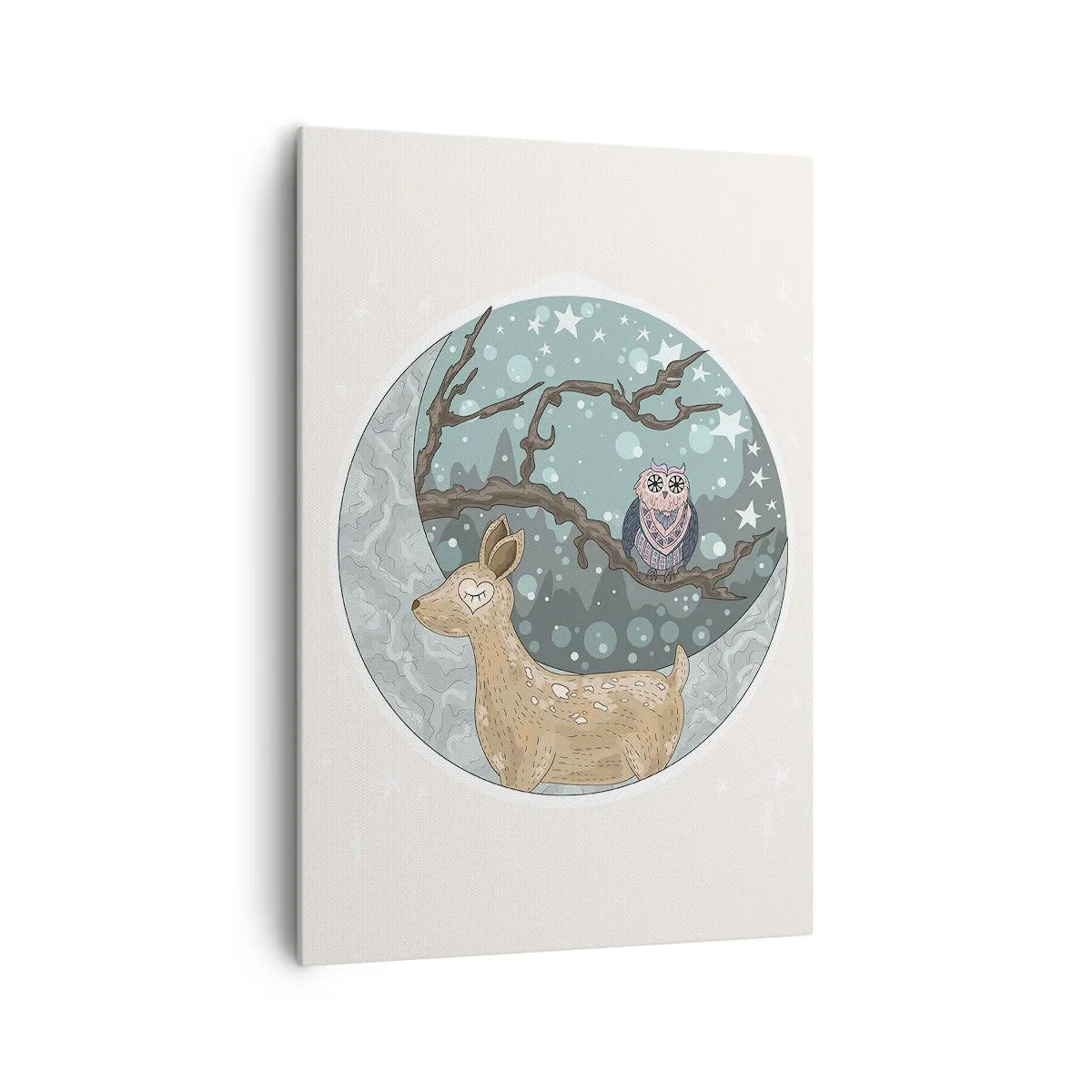 Quadro su tela - Stampe su Tela - Un cervo e un gufo in un paesaggio notturno da favola - 70x100cm - Notte fiabesca nel bosco - Decorazione murale moderna per soggiorno e camera da letto ARTTOR