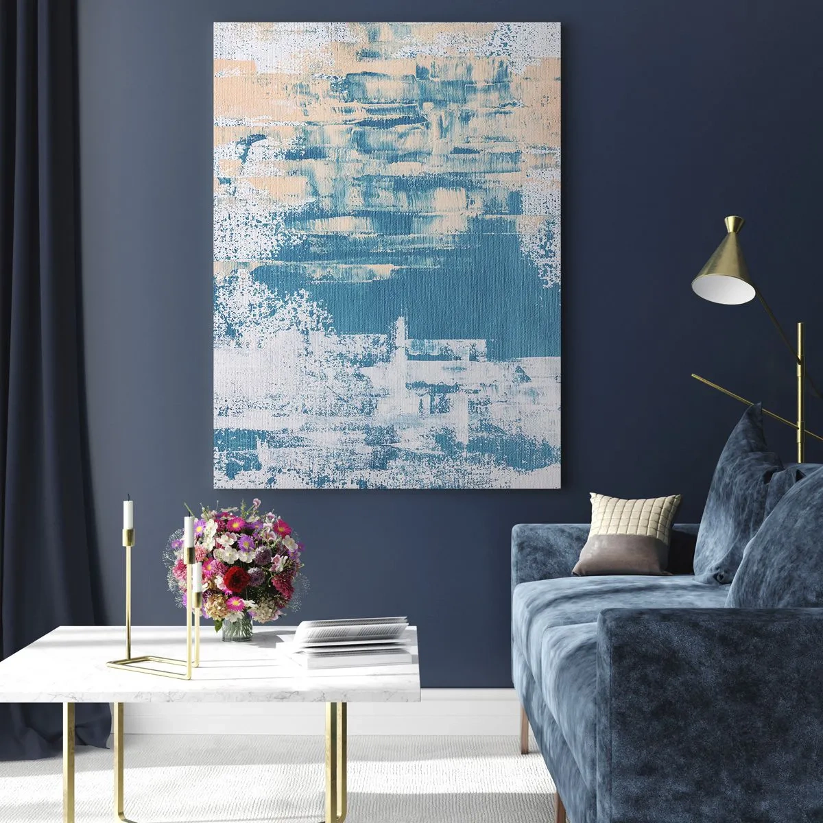 Quadro su vetro - Composizione astratta nei toni del blu e del bianco - 80x120cm - Attraverso il ghiaccio - Decorazione murale moderna per soggiorno e camera da letto ARTTOR