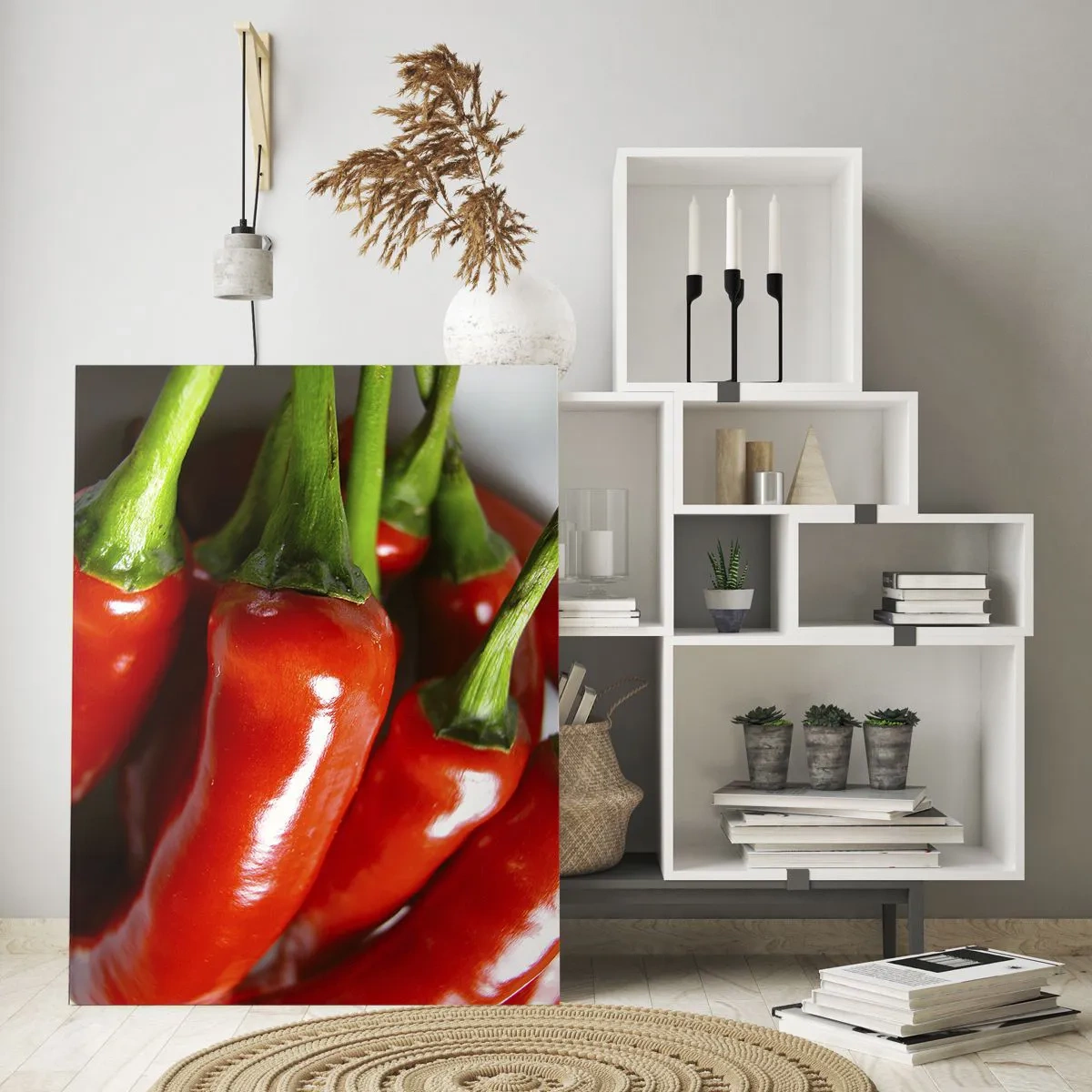 Quadro su vetro - Primo piano di peperoncini rossi con steli verdi - 80x120cm - Succosi, lisci e lucenti - Decorazione murale moderna per soggiorno e camera da letto ARTTOR