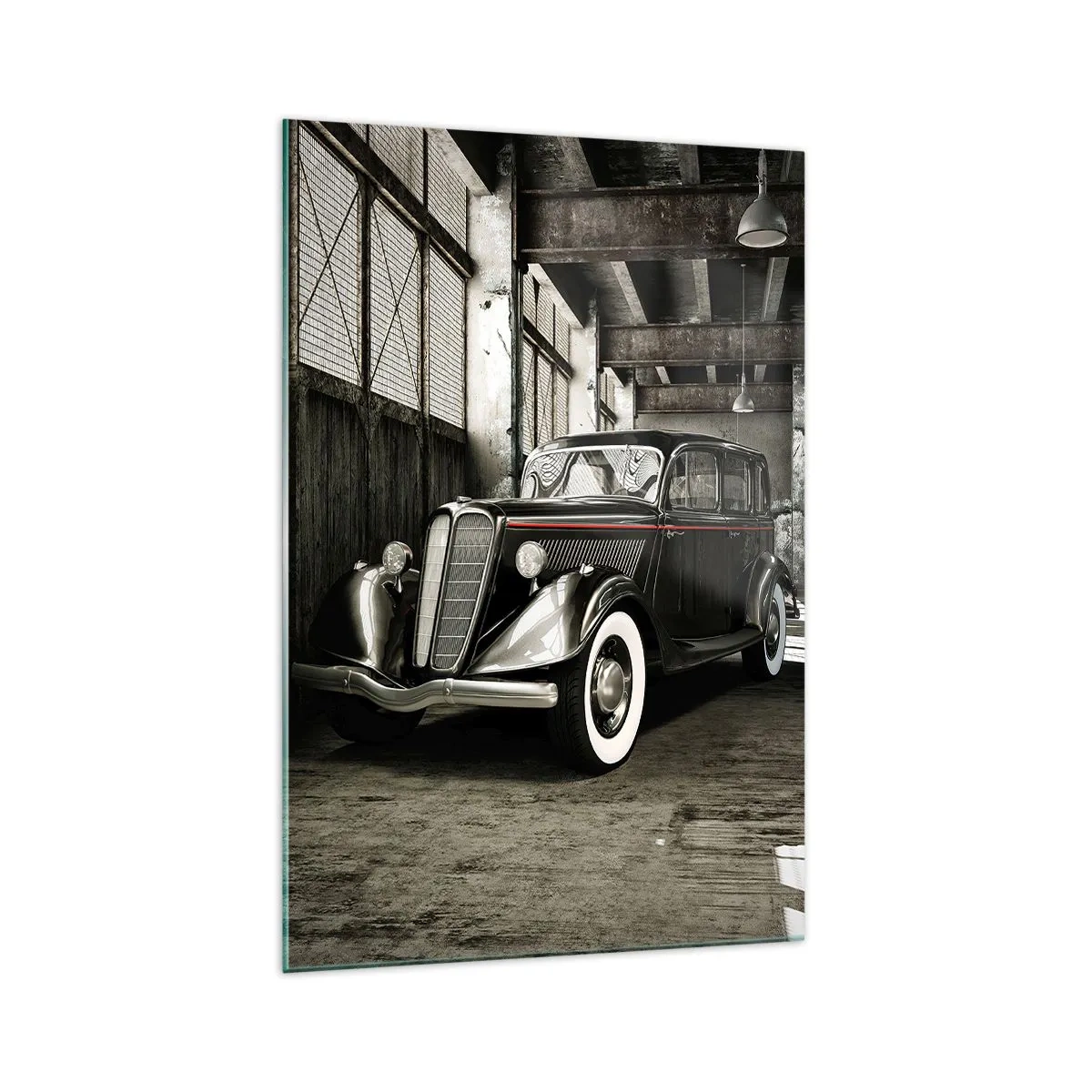 Quadro su vetro - Elegante auto retrò in un magazzino grezzo - 70x100cm - L'eleganza eterna degli anni '30 - Decorazione murale moderna per soggiorno e camera da letto ARTTOR