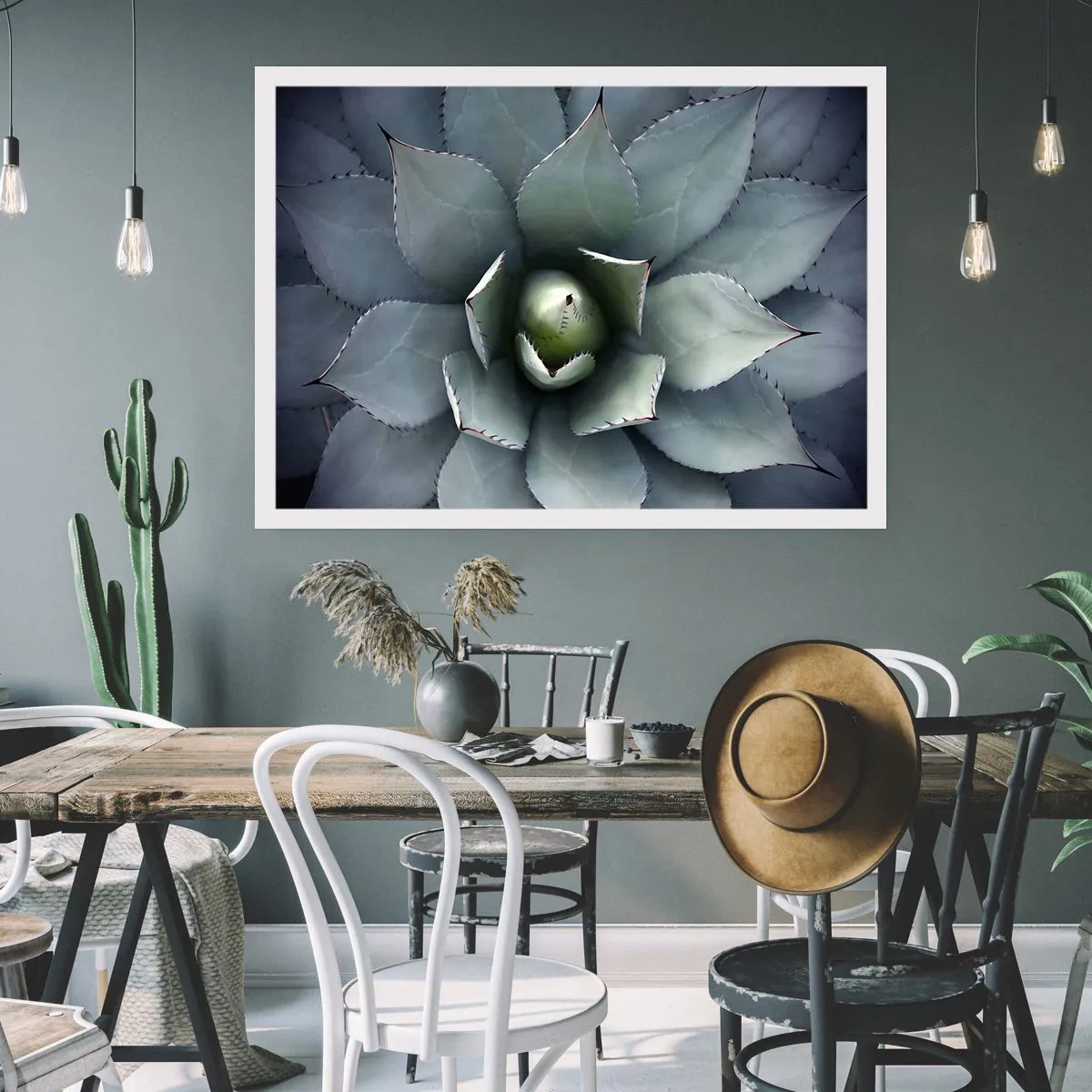 Poster - Primo piano di una rosetta di agave in delicate tonalità di verde - 100x70cm - Adesca e minaccia - Decorazione murale moderna per soggiorno e camera da letto ARTTOR