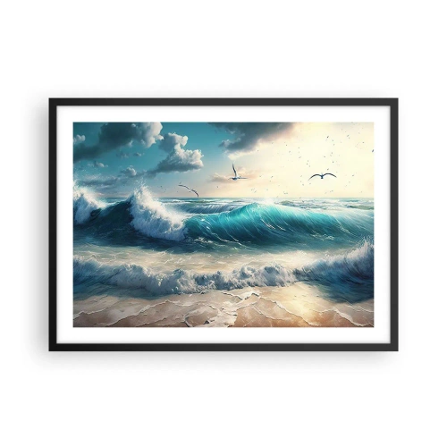 Poster in cornice nera - Onde del mare sulla spiaggia sotto un cielo azzurro con gabbiani - 70x50cm - Mormora solo per te - Decorazione murale moderna per soggiorno e camera da letto ARTTOR