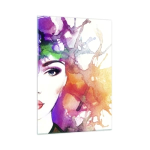 Quadro su vetro - Una donna con uno sfondo sfocato e colorato in stile acquerello - 50x70cm - Con la testa tra le nuvole - Decorazione murale moderna per soggiorno e camera da letto ARTTOR