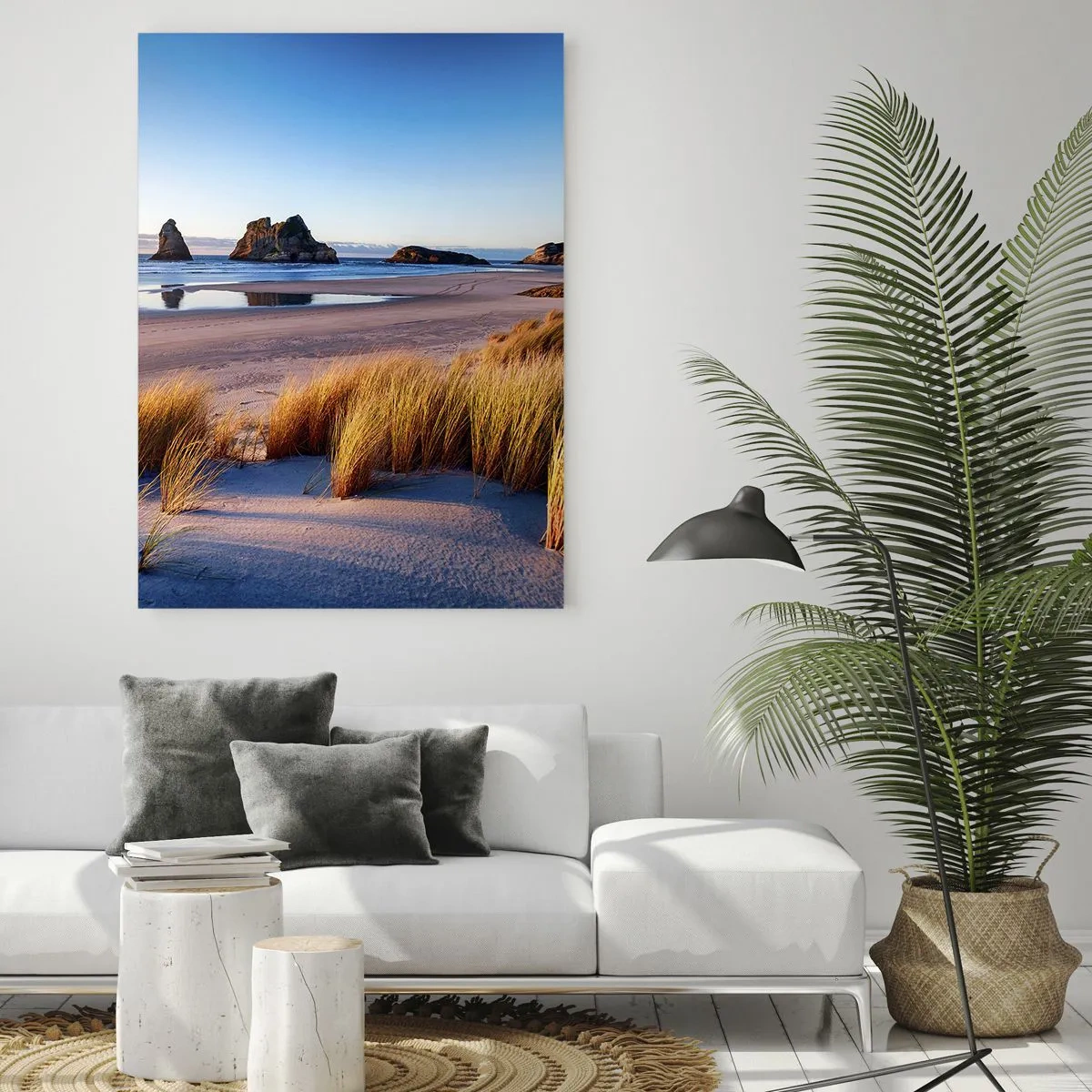 Quadro su vetro - Una spiaggia pittoresca con vista sulle rocce e sul mare al tramonto - 80x120cm - Per i cercatori di pace - Decorazione murale moderna per soggiorno e camera da letto ARTTOR
