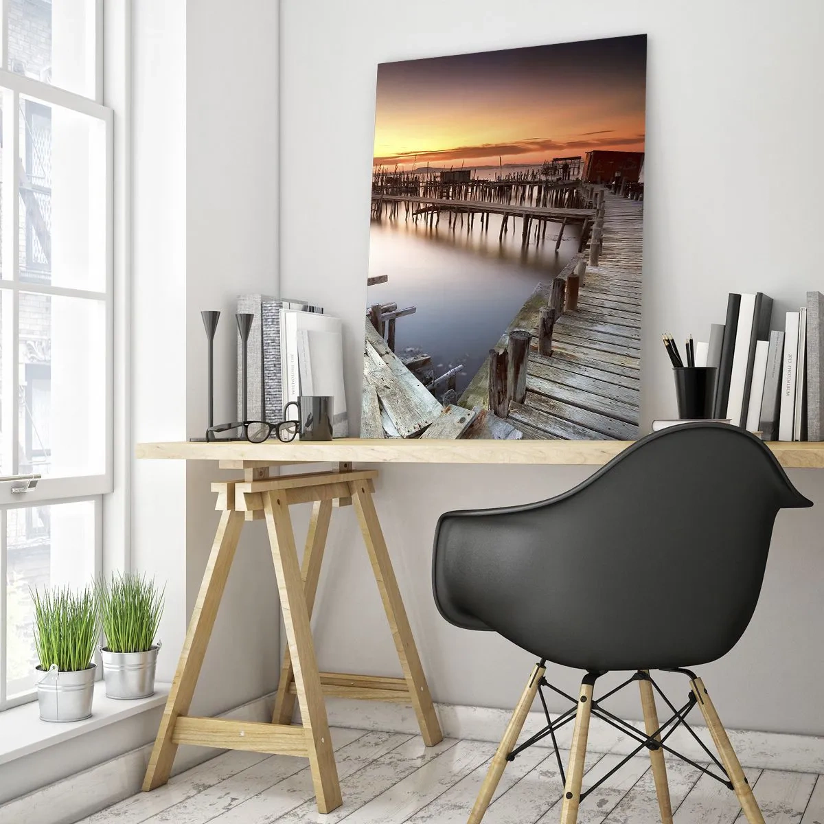 Quadro su vetro - Moli di legno al tramonto su un lago calmo - 50x70cm - Autentico, non una finzione turistica - Decorazione murale moderna per soggiorno e camera da letto ARTTOR
